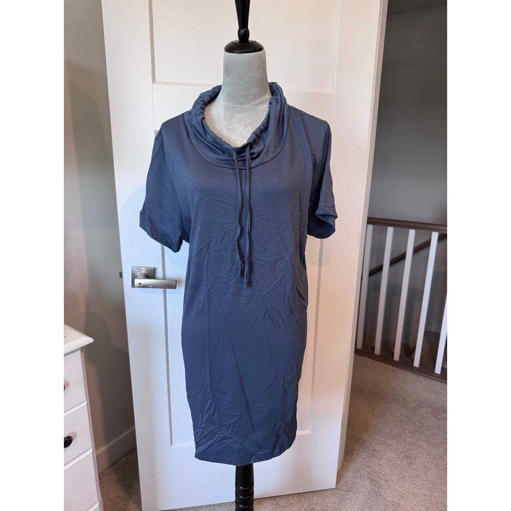 Hue Womens Scrunch Tunic Pullover Vintage Indigo Blue Cowl Neck Pockets XL NEW